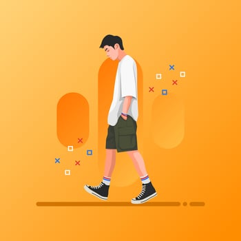 Street fashion vector flat design illustration. Street style outfit standing and walking. Cartoon male character isolated on gradations background.