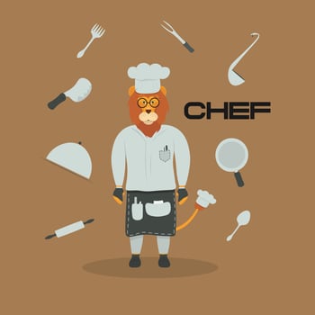 Cute funny lion cartoon chef mascot. Lion animal hand drawn vector