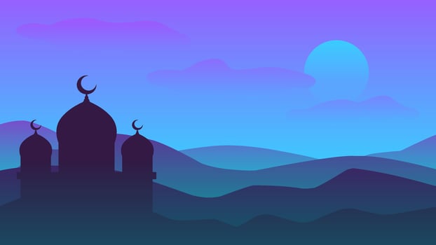 Islamic landscape vector illustration. Mosque landscape with mountain hill and shiny sky. Background landscape for islam religion and muslim faith. Wallpaper of design mountain with mosque silhouette