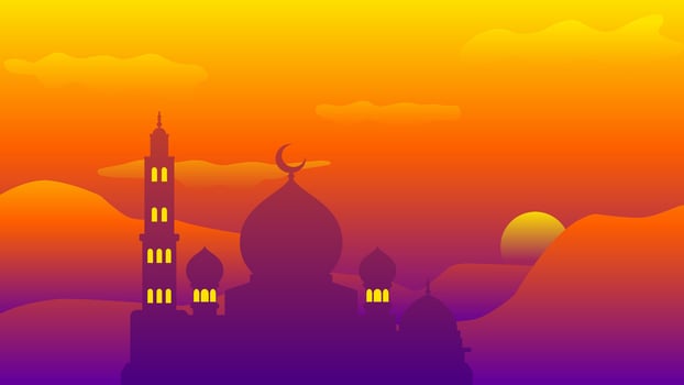 Islamic landscape vector illustration. Mosque landscape with mountain hill and shiny sky. Background landscape for islam religion and muslim faith. Wallpaper of design mountain with mosque silhouette