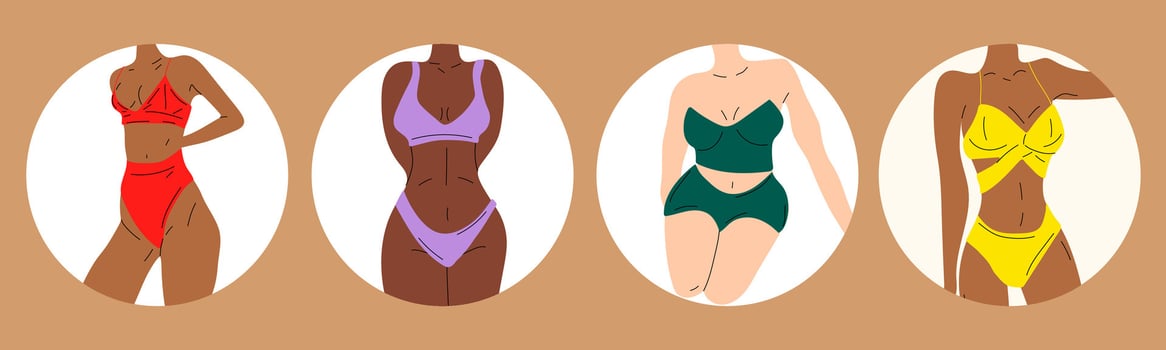 Set of Women in bikini. Beach underwear. Love and accept any body type. Healthy body, Body positive, fat acceptance movement, lifestyle and fashion concept. Hand drawn Vector illustration
