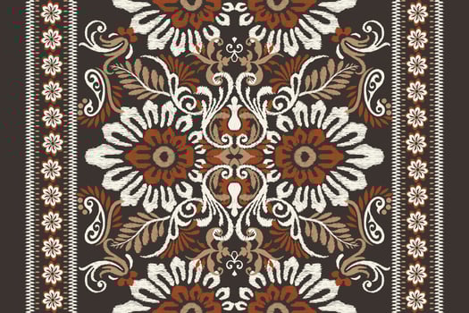 Ikat floral paisley embroidery on brown background.Ikat ethnic oriental pattern traditional.Aztec style abstract vector illustration.design for texture,fabric,clothing,wrapping,decoration,scarf,carpet