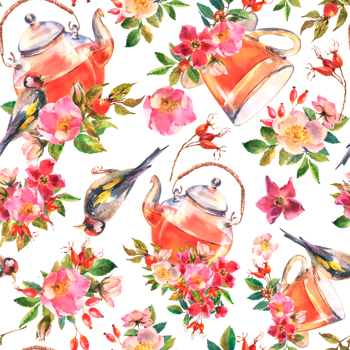 Seamless pattern with teapot and cup of Herbal tea, rose flowers of wild dog rose and goldfinch bird png