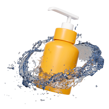 sunscreen bottle with water splash isolated. cosmetics protect skin from sunlight, 3d render illustration png