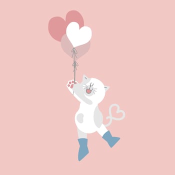 cute and lovely cat and heart balloons, happy valentine's day, birthday, love concept, flat vector illustration cartoon character design isolated