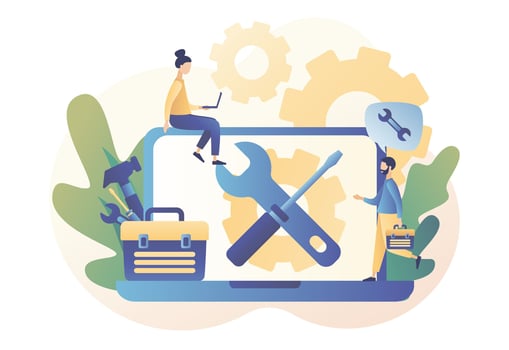 Handyman services. Husband for an hour online. Repairman with tool box. Modern flat cartoon style. Vector illustration on white background