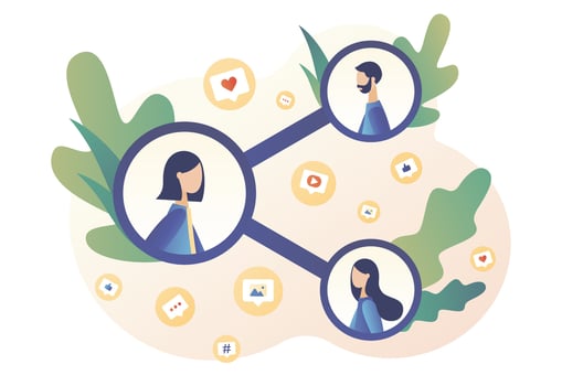 Share concept. Tiny people sharing data, links, photos, posts and news in social networks. Modern flat cartoon style. Vector illustration on white background