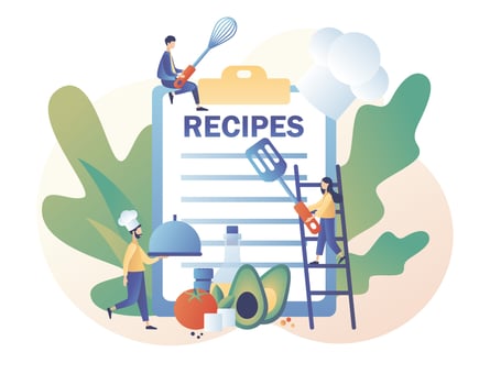 Recipes online. Ingredients list concept. Professional chef holding dish. Tiny People read recipe book and cook in chef cap. Modern flat cartoon style. Vector illustration on white background