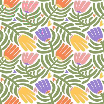 Colorful Groovy abstract flower seamless patterm. Organic naive floral shapes in trendy retro hippie 60s 70s style. Contemporary nature background. Flat hand darwn vector illustration