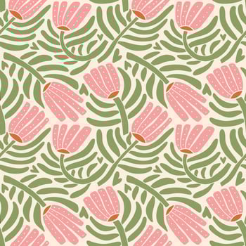 70s style retro botanical seamless pattern. Abstract groovy flowers with leaves and branches. Flat vector Hand drawn floral vintage print for fabric, wallpaper, packaging, wrapping paper