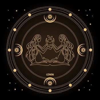 Gemini zodiac sign, astrological horoscope sign in a mystical circle with moon, sun and stars. Golden design, vector