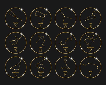 Constellations of zodiac signs in golden shiny circles, set. Golden design on a black background. Icons, vector
