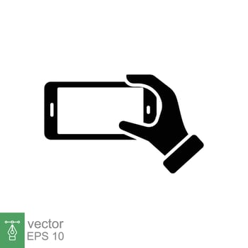 Hand holding phone icon. Simple solid style. Hand hold cell phone, smartphone device, technology concept. Black silhouette, glyph symbol. Vector illustration isolated on white background. EPS 10.