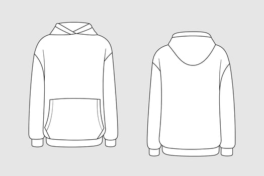 Hoodie vector template isolated on a grey background. Unisex, male, female model. Front and back view. Outline fashion technical sketch of clothes model.