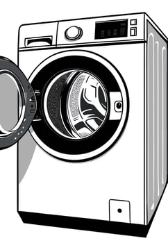 A washing machine with its door open, revealing the inner workings of the machine, vector