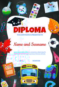 Kids education diploma, cartoon school supplies vector