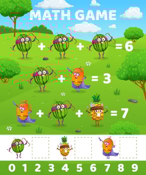 Watermelon, mango, pineapple, math game worksheet vector