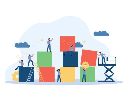 Advertising puzzle from cube block vector flat illustration. Analytics chart business job people teamwork. Community deal banner cooperation jigsaw. Human alliance office group work company team