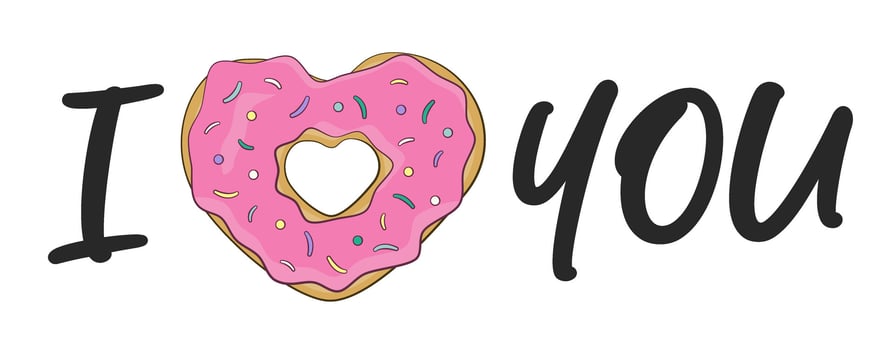 I love you lettering with pink heart-shaped donut vector