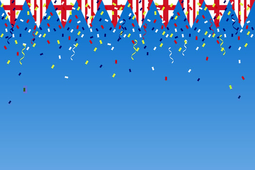 English flag bunting  garland. England celebration football sport champion match confetti, cap, ball, sky background banner. Vector illustration. Ceremony party parade, festival background .