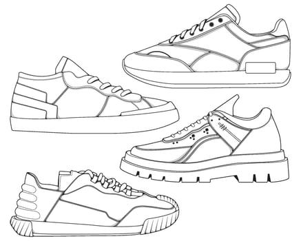 Set of shoes sneaker outline drawing vector, Sneakers drawn in a sketch style, bundling sneakers trainers template outline, vector Illustration.