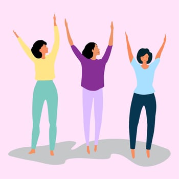 Three young women raising their hands. Exercising. Vector illustration.