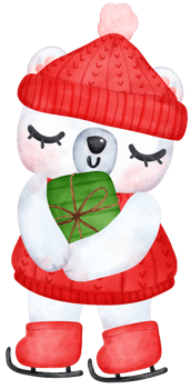 Christmas Surprise, joyful Adorable Polar Bear on skating with Stacked Presents, winter animal watercolour Children Illustration png