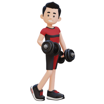 3D Sporty Male Character Showcasing Cool Standing Pose and Holding Dumbbell with Confidence png