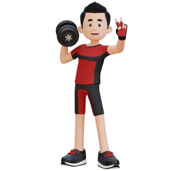 3D Sportsman Character Giving a Peace Sign While Holding Dumbbell png