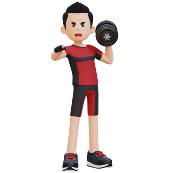 3D Screaming Sportsman Character Engaging Viewers While Holding Dumbbell png