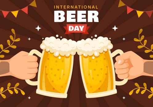 International Beer Day Vector Illustration with Cheers Beers Celebration in Flat Cartoon Hand Drawn Landing Page background Templates