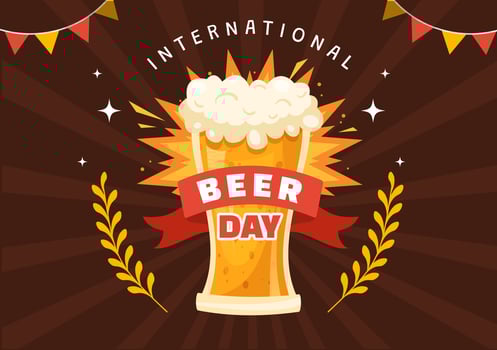 International Beer Day Vector Illustration with Cheers Beers Celebration in Flat Cartoon Hand Drawn Landing Page background Templates