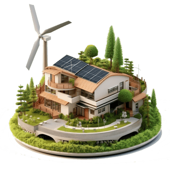 Green eco friendly house concept with solar energy panel and wind turbine. png