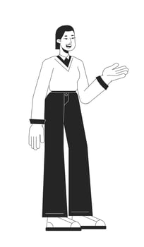 Friendly female client advisor flat line black white vector character. Editable outline full body person on white. Business woman simple cartoon isolated spot illustration for web graphic design
