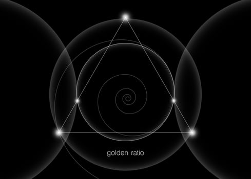 Interlocking circles, triangles and spirals hipster sacred geometry illustration with golden ratio, fibonacci spiral. White line vector isolated on black background.