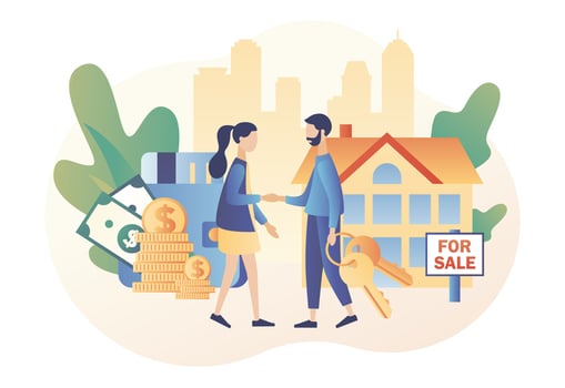 Real estate business concept with houses. House for sale. Tiny real estate agent or broker shaking hands with people buying house. Modern flat cartoon style. Vector illustration on white background