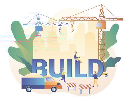 Build and Home Repair concept. Tiny men builders and repairers working. Modern building process. Modern flat cartoon style. Vector illustration on white background