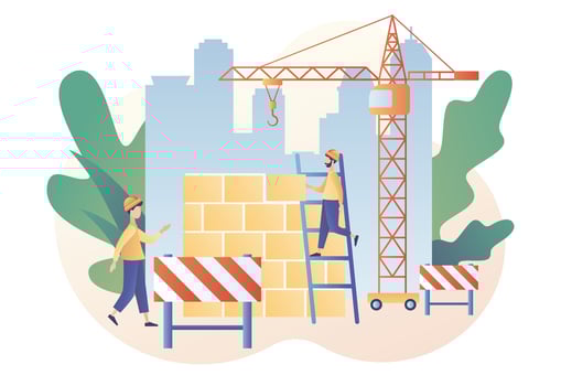 Build and Home Repair concept. Tiny men builders and repairers working with professional tools. Modern building process. Modern flat cartoon style. Vector illustration on white background