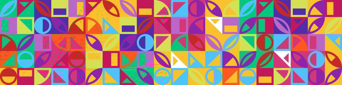 Abstract geometric bauhaus grid seamless pattern. Simple shapes combination horizontal banner. Memphis style elements composition artwork. Retro modern trendy graphic background. Vibrant color eps art vector