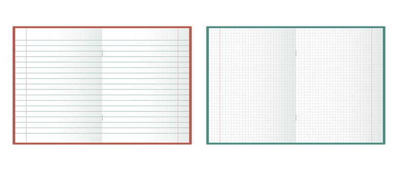 School notebook. Mockup, blank checkered and linear notepads on white background. Illustration, vector