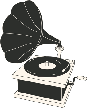 Black and white Cartoon Retro Gramophone record player drawing. Cute vector illustration of vintage music equipment. png