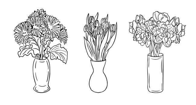 Hand drawn single line bouquets of flowers in vases. Vector isolated gerberas, tulipses and daffodils. Unique sketch illustration. Perfect for coloring pages, tatoo, background, wrapping paper, border