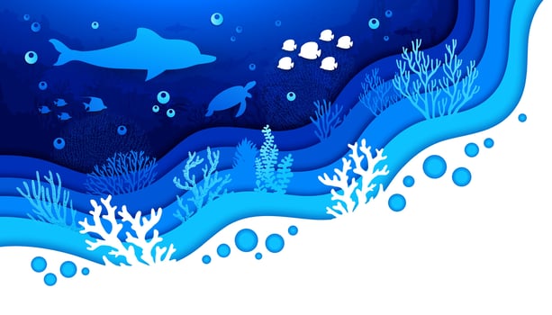 Underwater paper cut landscape, dolphin and turtle vector