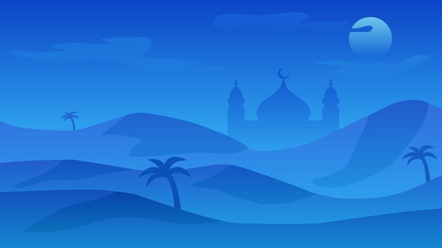 Islamic landscape vector illustration. Mosque landscape with mountain hill and shiny sky. Background landscape for islam religion and muslim faith. Wallpaper of design mountain with mosque silhouette