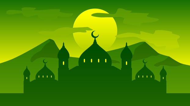 Islamic landscape vector illustration. Mosque landscape with mountain hill and shiny sky. Background landscape for islam religion and muslim faith. Wallpaper of design mountain with mosque silhouette