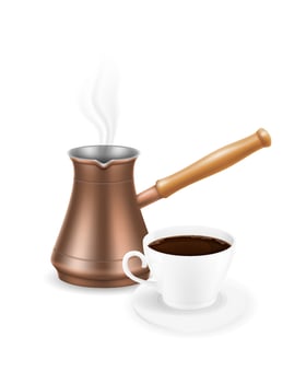 copper turkish coffee pot with wooden handle for making drink vector illustration isolated on white background