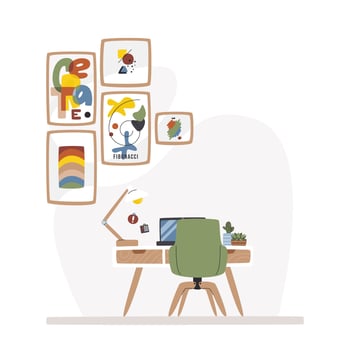 Creative workspace interior with poster art. Designer minimalist studio like home office. Cozy work zone with copy space. Domestic scene hand drawn flat vector illustration with abstract background