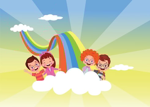 Happy kids on rainbow. Vector illustration isolated on a white background.