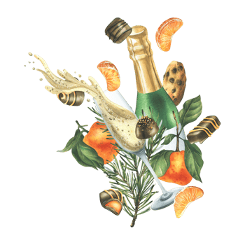 Christmas collection with levitation tangerines, sweets, spices, champagne and plants. Watercolor illustration, hand drawn for holiday decor. Isolated composition png