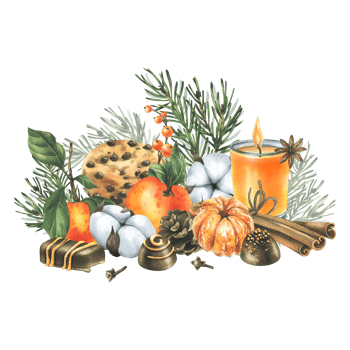 Tangerines with cotton, pine branches and cones, sweets, candle and spices. Watercolor illustration hand drawn for Christmas decor. Isolated composition png